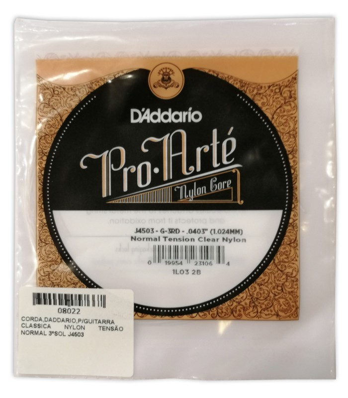 Portada del embalaje de la cuerda DAddario modelo J4503 3ª Sol nilón tensión normal para guitarra clásica