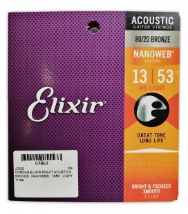 Portada del embalaje del juego de cuerdas Elixir modelo 11182 Bronze Nanoweb HD Light 011 53 para guitarra acústica