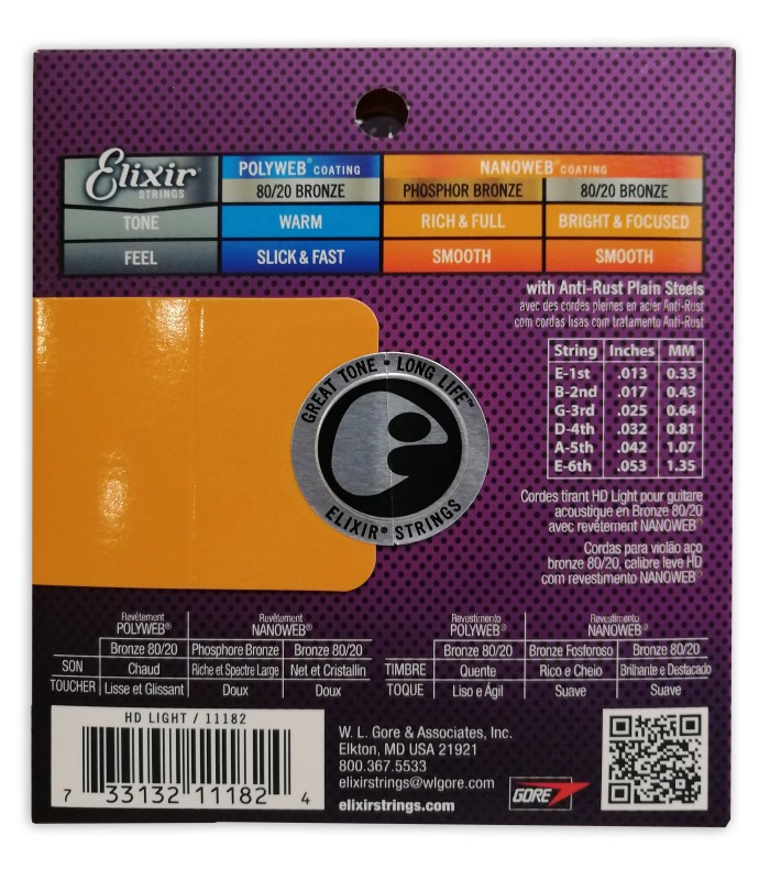 Contraportada del embalaje del juego de cuerdas Elixir modelo 11182 Bronze Nanoweb HD Light 011 53