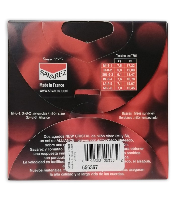 Package backcover of the savarez string set model T50J Tomatito high tension