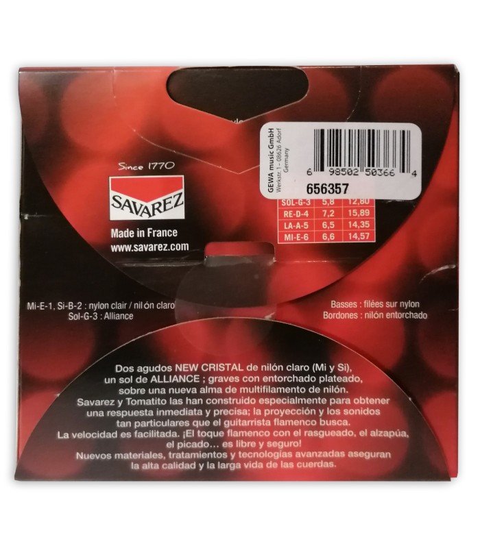 Contracapa da embalagem do jogo de cordas Savarez modelo T50R Tomatito tensão média
