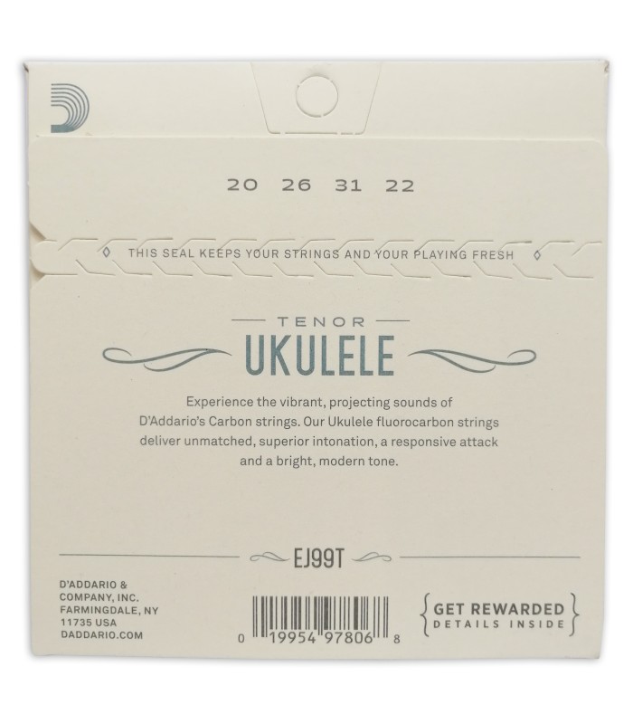 Contracapa da embalagem do jogo de cordas DAddario modelo EJ99T Carbono para ukulele tenor