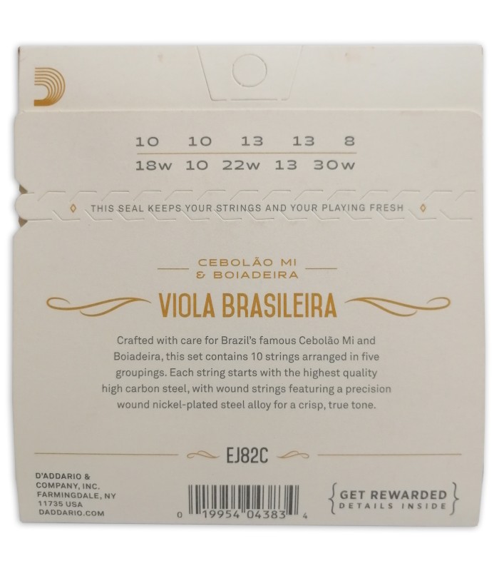 Package backcover of the string set dAddario EJ82C in Cebolão Mi tning for viola caipira