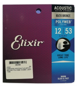 Capa da embalagem do jogo de cordas Elixir modelo 11050 Bronze Polyweb Light 012 053 para guitarra acústica 