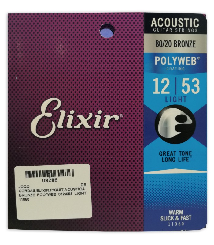 Capa da embalagem do jogo de cordas Elixir modelo 11050 Bronze Polyweb Light 012 053 para guitarra acústica 