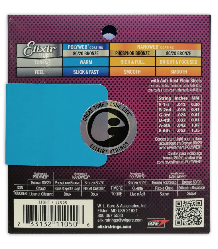 Contracapa da embalagem do jogo de cordas Elixir modelo 11050 Bronze Polyweb Light 012 053