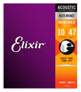 Portada del embalaje del juego de cuerdas Elixir modelo 11002 10-47 para guitarra acústica