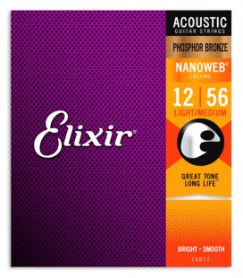 Jogo de Cordas Elixir 16077 para Guitarra Acústica Phosphor Bronze Nanoweb Light Medium 012 056