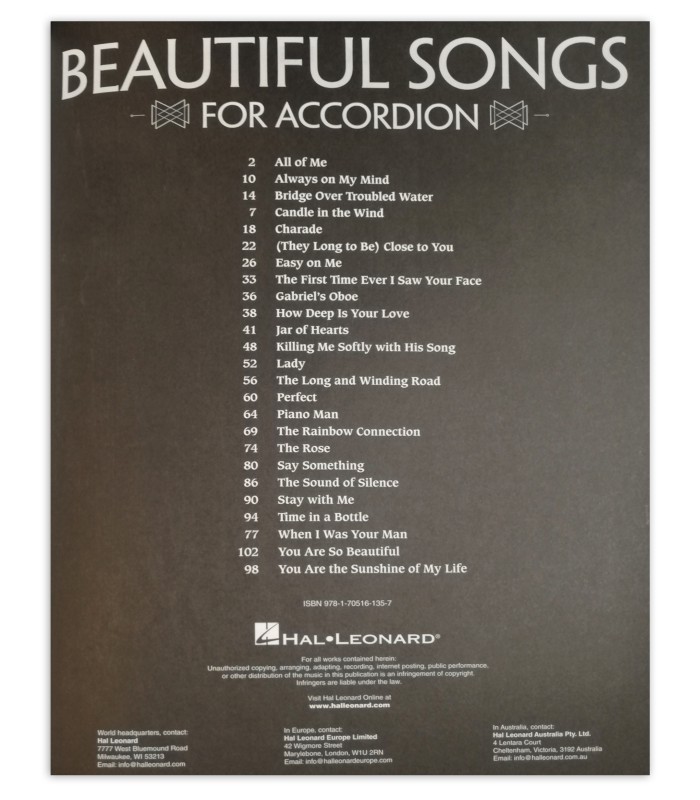Índice do livro Beautiful Songs for Accordion HL