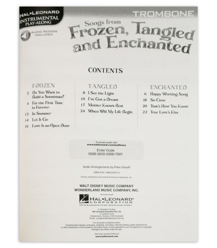 Table of contents of the Songs from Frozen Tangled and Enchanted for Trombone HL book