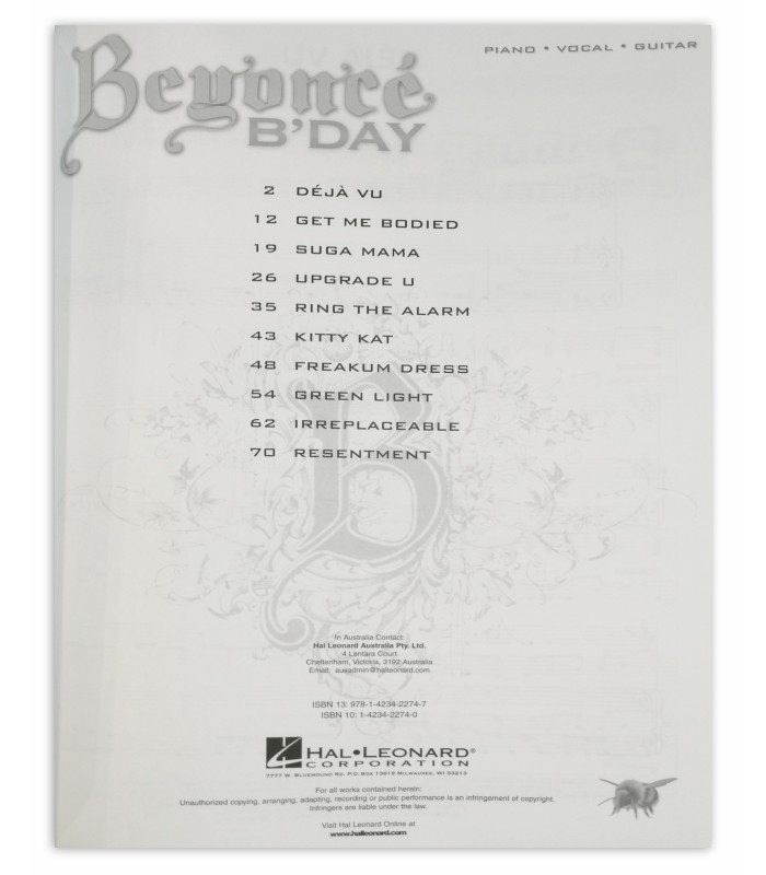 Table of contents of the Beyoncé B Day HL book