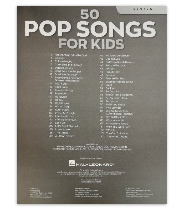 Table of contents of the 50 Pop Songs for Kids Violin book