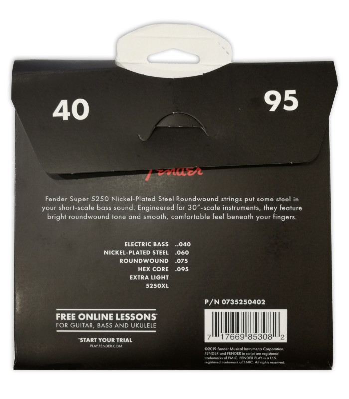 Package backcover of the string set Fender model 5250XL 40 95 for bass short scale