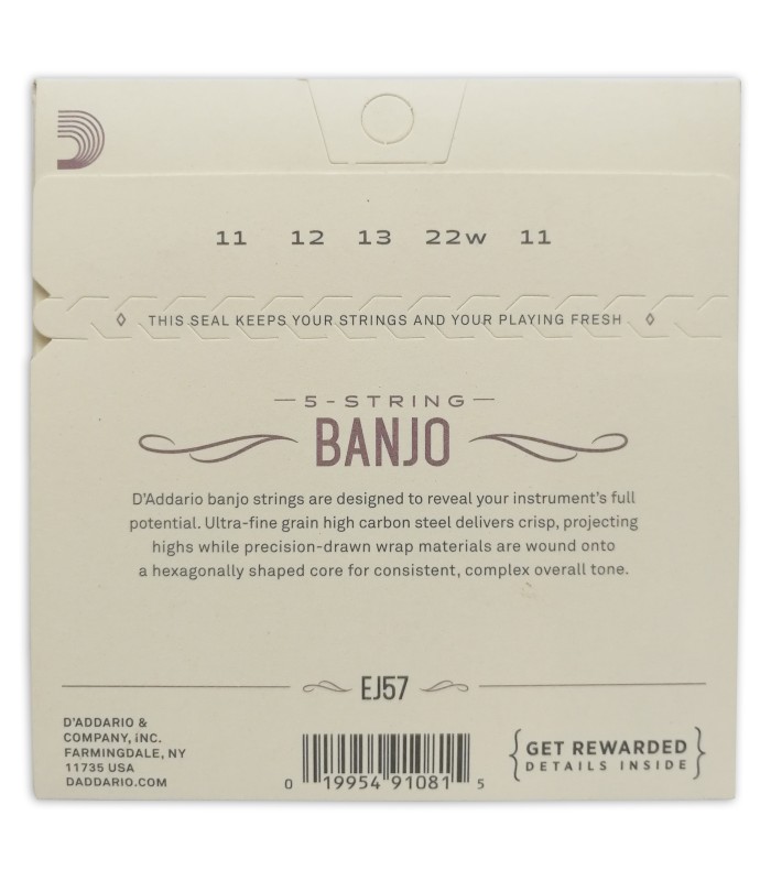 Contraportada del embalaje del juego de cuerdas DAddario modelo EJ57 para banjo de 5 cuerdas