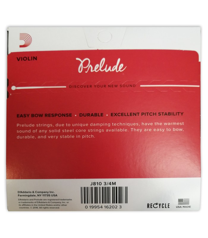 Contracapa da embalagem do jogo de cordas DAddario modelo J810 Prelude para violino de tamanho 3/4