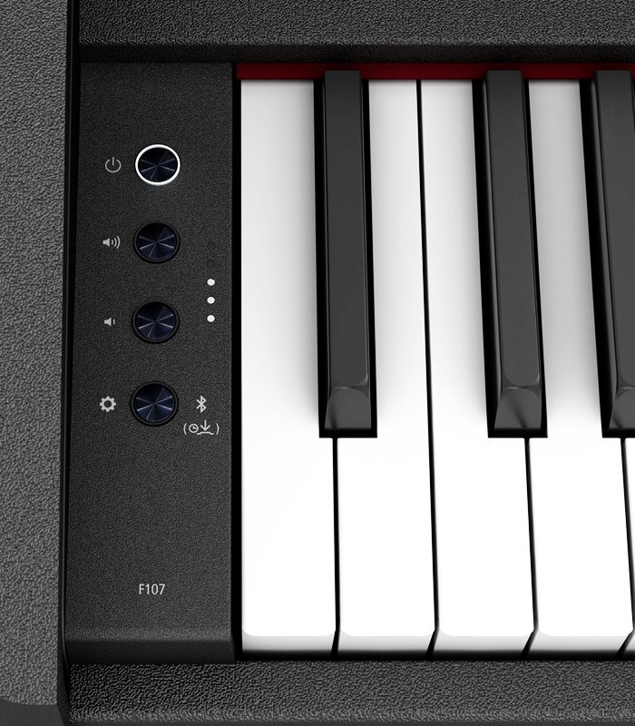Detalhe dos controlos do piano digital Roland modelo F107 BKX