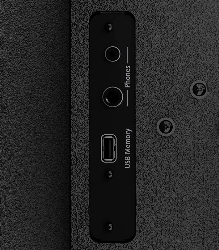 Entradas de auscultadores e USB do piano digital Roland modelo F107 BKX