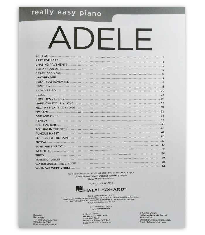 Table of contents of the book Adele Easy Piano 27 Songs AM1011340