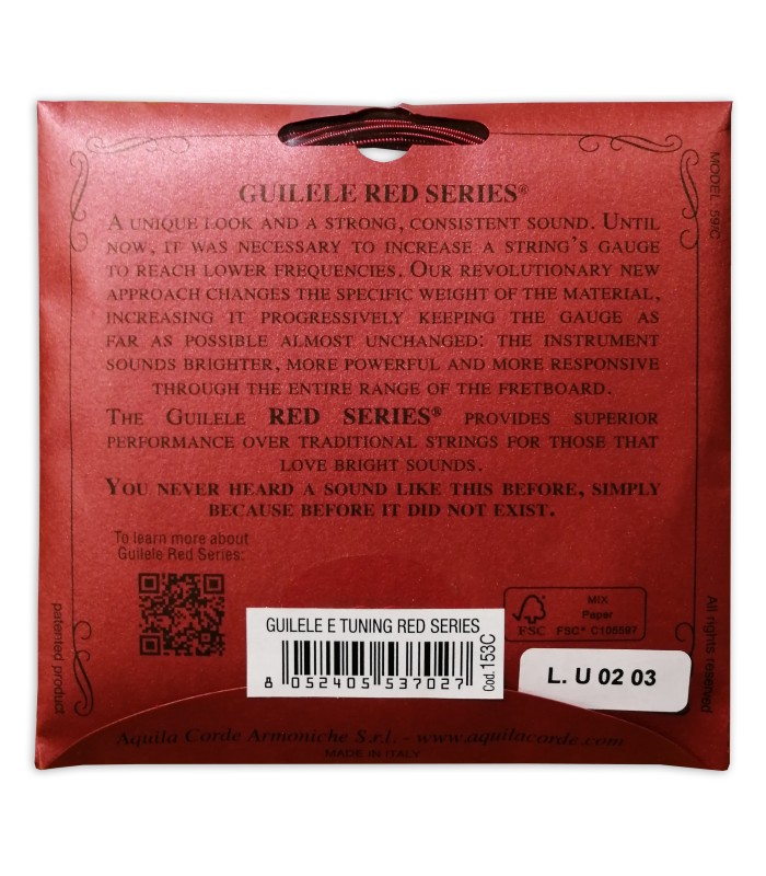 Package backcover of the string set Aquila model 153C Red Series for guitalele in classical guitar tuning