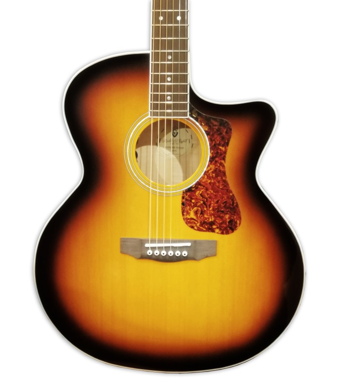 Tampo da guitarra eletroacústica Guild modelo F 250CE Jumbo Cutaway Antique Burst