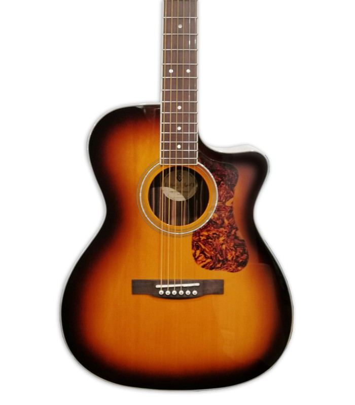 Solid sitka spruce top of the electroacoustic guitar Guild model OM 260CE de Luxe Orchestra Cutaway Antique Burst