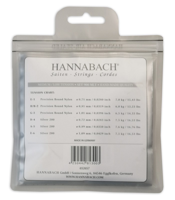 Package backcover of the string set Hannabach E900 MLT of medium low tension