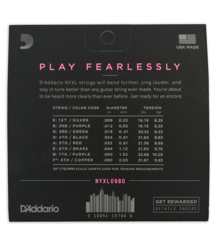 Contracapa do jogo de cordas Daddario modelo NYXL0980 09 80 para guitarra elétrica de 8 cordas