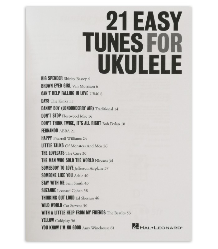 Índice do livro 21 Easy Tunes for Ukulele
