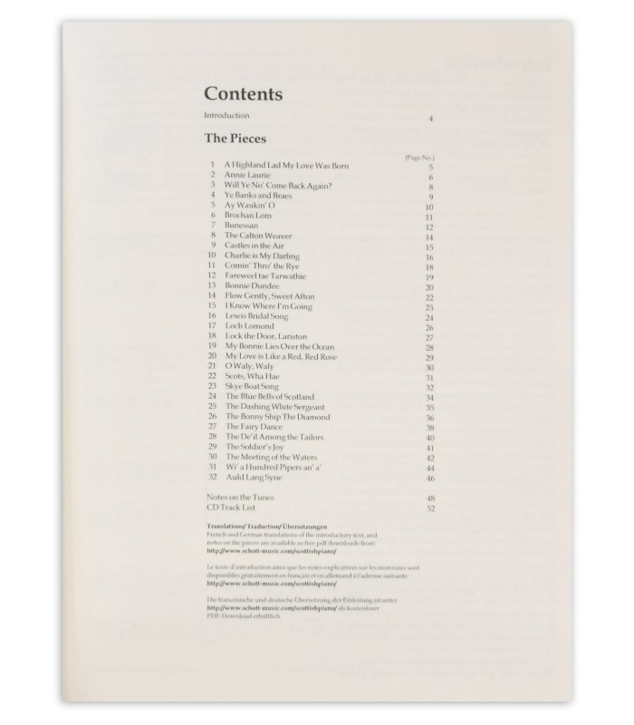 Índice do livro Scottish Folk Tunes for Piano