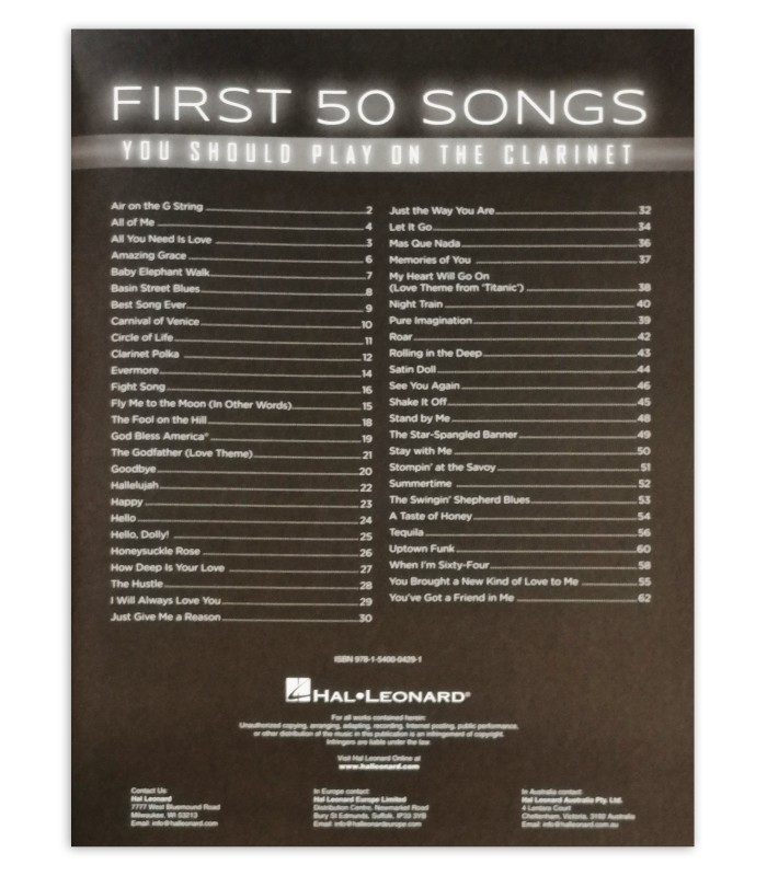 Indice del libro First 50 Songs You Should Play on Clarinet