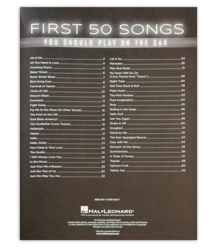Índice do livro First 50 Songs You Should Play on Saxophone