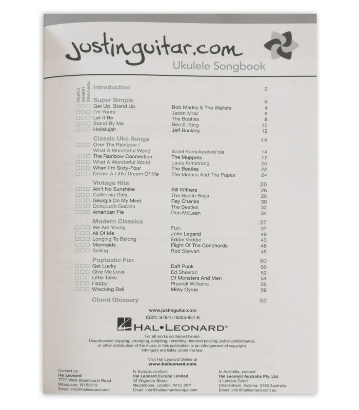 Indice del libro Justin Guitar com Ukulele Songbook