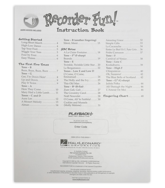 Recorder Fun Instruction Book table of contents