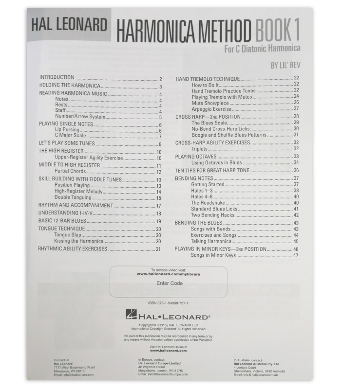 Indice del libro Hal Leonard Harmonica Method Book 1