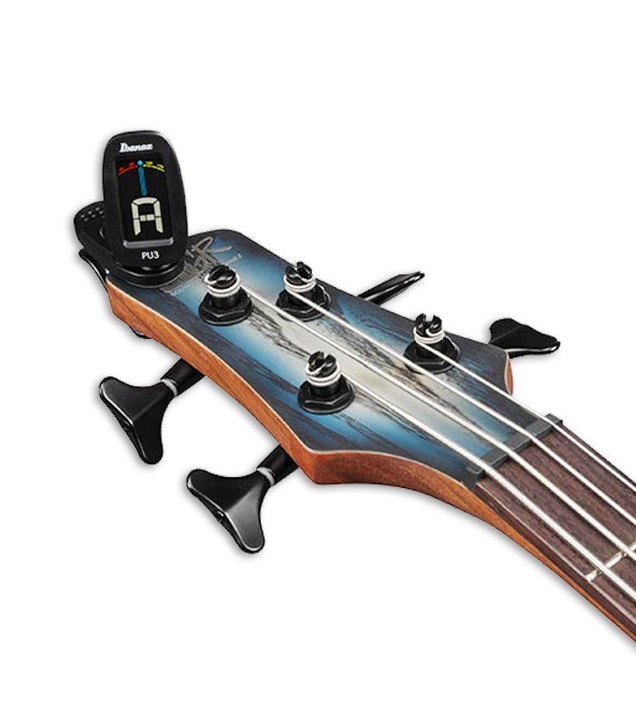Chromatic tuner Ibanez model PU3 BK Clip Tuner black on the head of a guitar