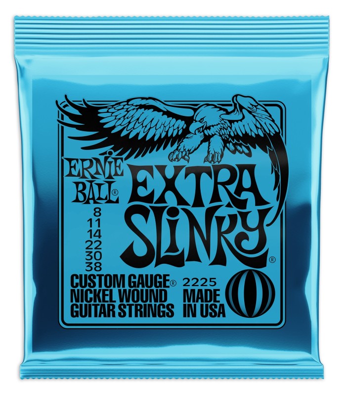 Jogo
de Cordas Ernie Ball 2225 Extra Slinky Nickel Wound 008 a 038 para Guitarra
Elétrica