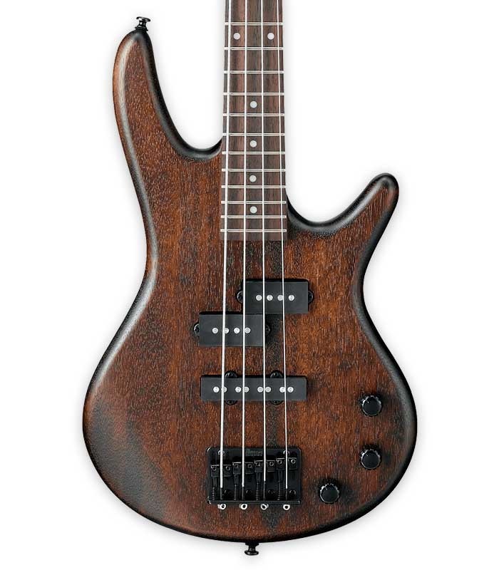 Body and pickups of the bass guitar Ibanez model GSRM20B WNF of 4 strings with Walnut Flat finish