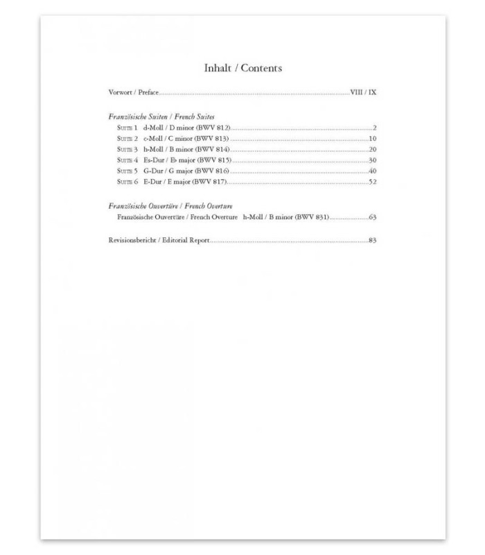 Table of contents of the book Bach French Suites and French Overture