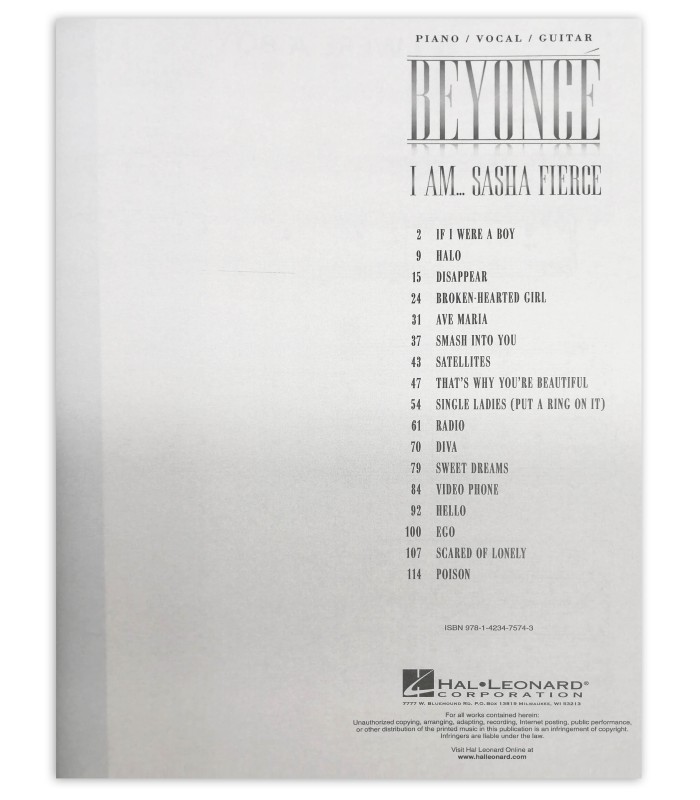 Índice do livro Beyoncé I Am...Sasha Fierce HL