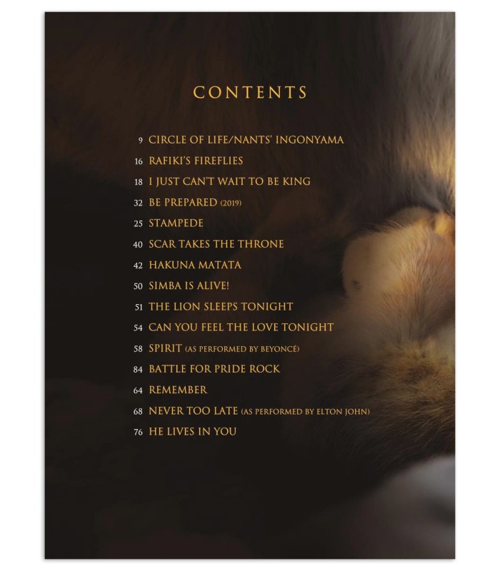 The Lion King Piano Vocals Guitar HL book's table of contents