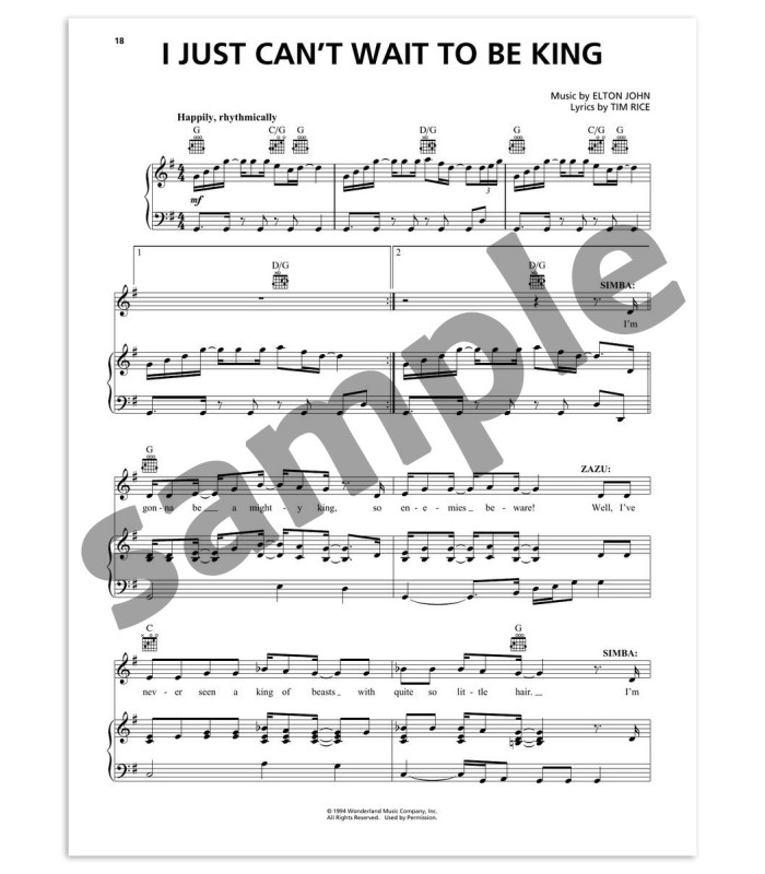 The Lion King Piano Vocals Guitar HL book's sample