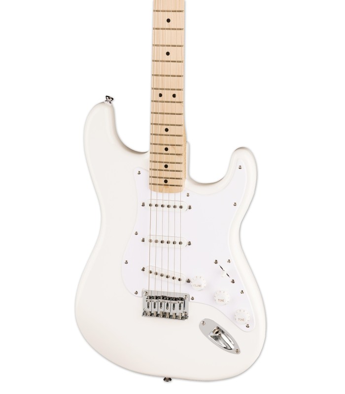 Detalle del cuerpo y de las pastillas de la guitarra eléctrica Fender Squier modelo Sonic Strat HT AWT