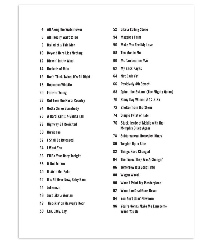 Bob Dylan Strum Together book's table of contents