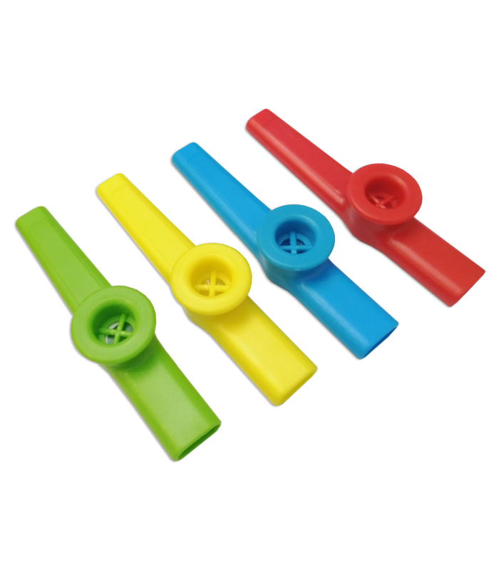 4 kazoos Goldon modelo 40109 nas cores verde, amarelo, azul e vermelho
