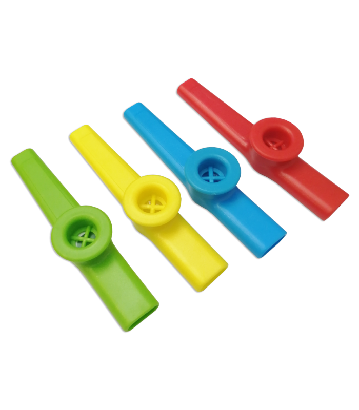4 kazoos Goldon model 40109 en color verde, amarillo, azul y rojo