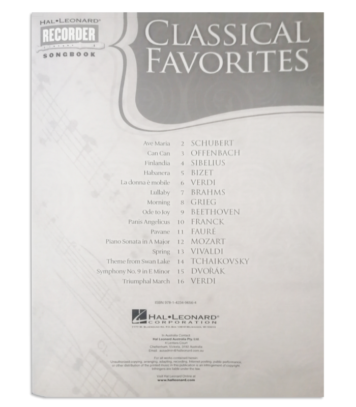 Índice del libro Classical Favorites for Recorder