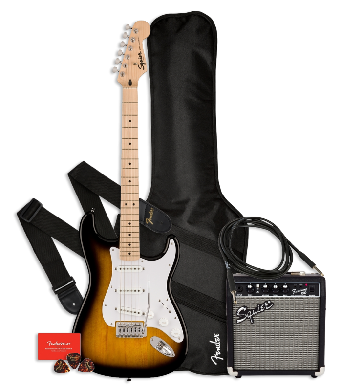 Pack Fender que inclui uma guitarra elétrica Fender Squier Sonic 2TS e acessórios