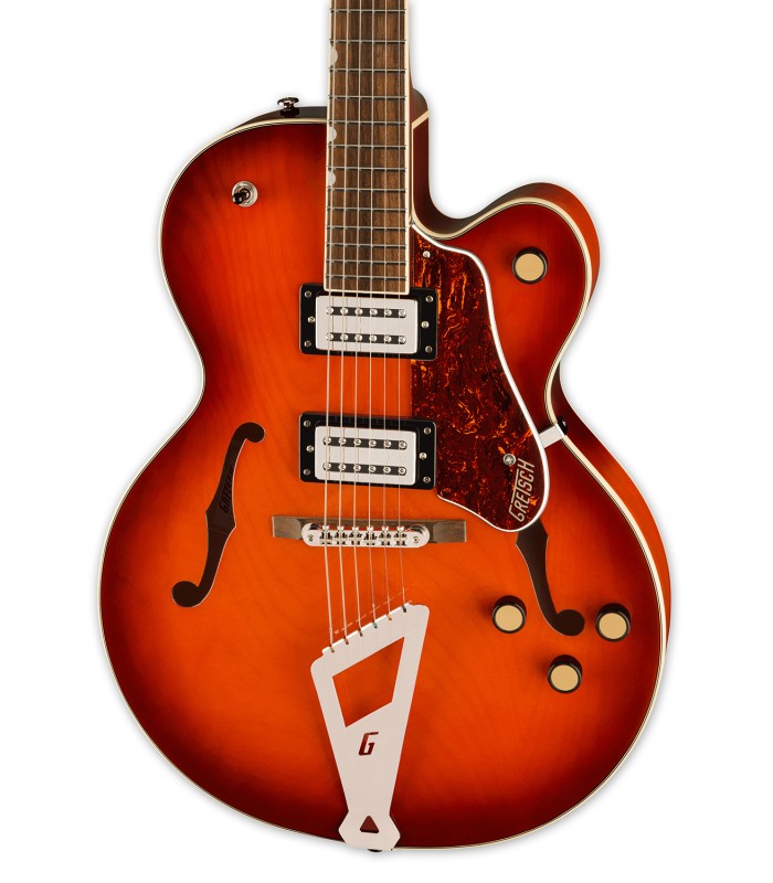 Top and humbuckers of the electric guitar Gretsch model G2420 Streamliner Fireburst