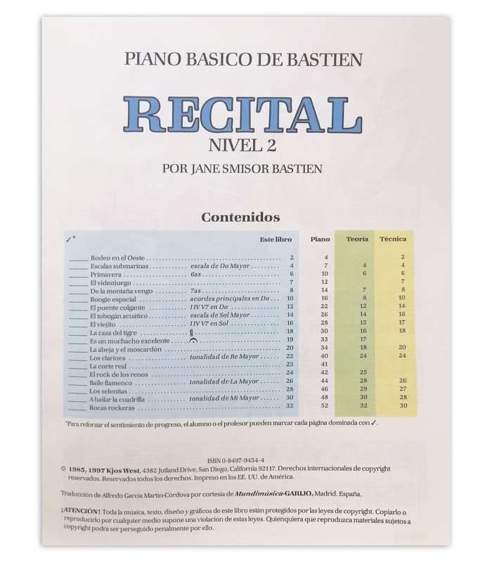 Índice del libro Bastien Piano Básico Recital Nível 2 en español