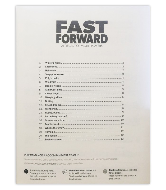 Table of contents of the book Colledge Fast Forward 21 Violin Pieces with CD